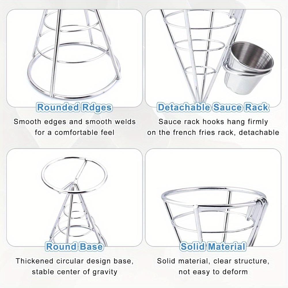 For Kitchen, Restaurant, Picnic & Parties, French Fries & Dessert Serving Solution, 4 Pcs Stainless Steel French Fry Holders with Sauce Cups, Elegant Line Design, Effortlessly Create Exquisite Dining Experience, Party Tableware Supplies