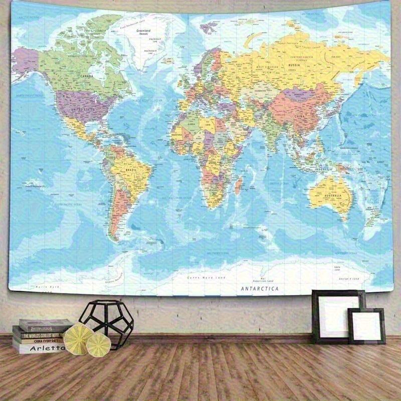 Colorful Educational World Map Wall Tapestry - Tapestries with Countries & Major Cities, Durable Peach Beige Fabric, Multiple Sizes, Easy-Install Hooks, Smooth Texture for Youngsters' Room, Living Room, Indoor Use, No Electricity Needed