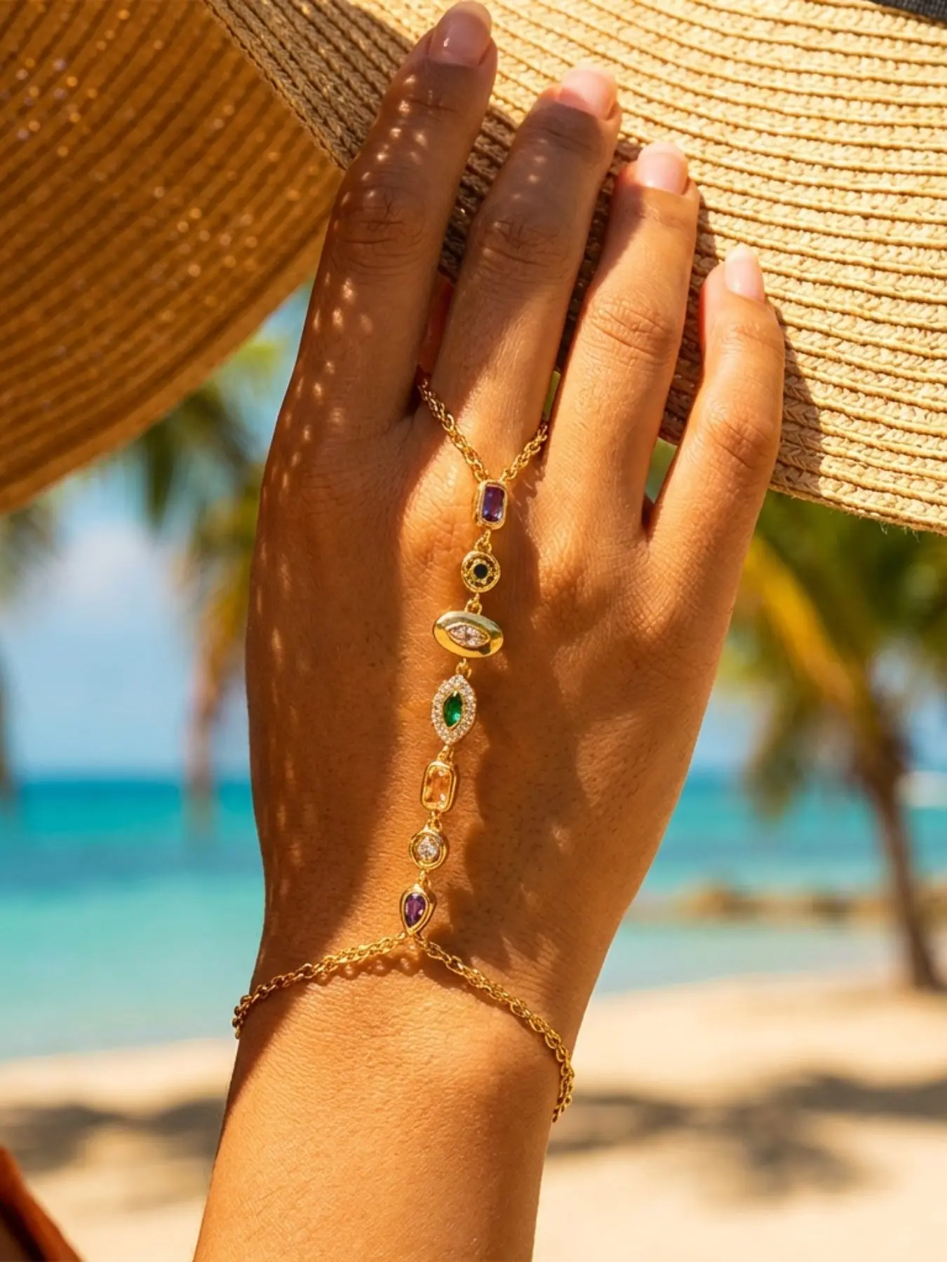 7 Gradient Gemstone Linked Finger Bracelet, Vintage Multishape Zircon Pendant, Beach Travel, Exotic Fashion Jewelry