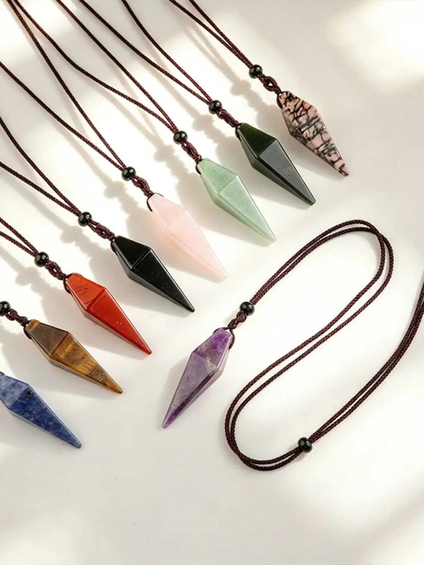 Natural Stone Pendant Necklace, Geometric Cone Design, Unisex Fashion Jewelry Gift, Agate Pendulum, Onyx Necklace