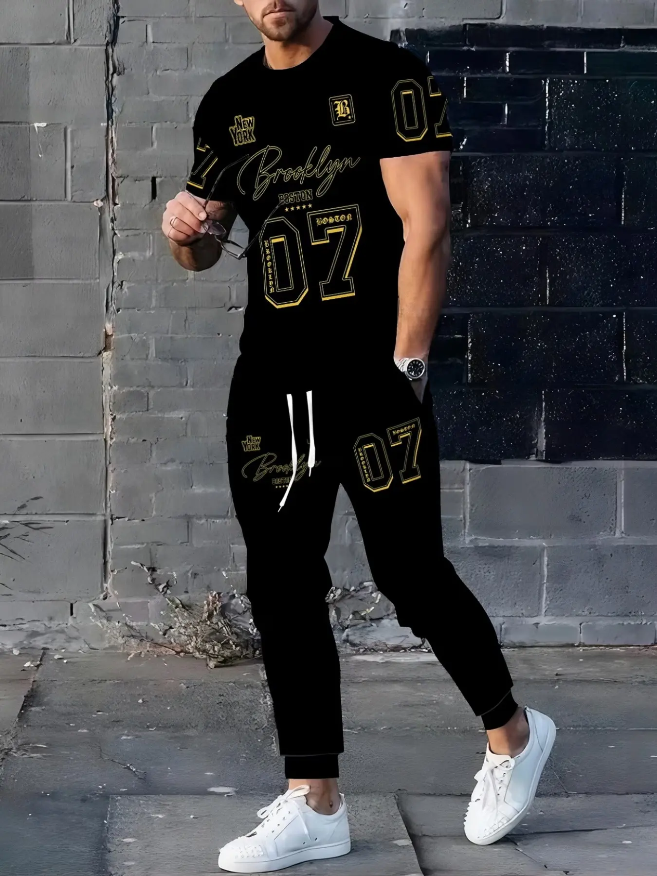 Trendy Graphic Men's Sport Set, Casual Short Sleeve Long Pants Two-Piece, athleisure activewear set, Fashion Digital Pattern, Breathable Comfort Fitness Wear Outfit Tracksuit, Athleisure Sportswear Set