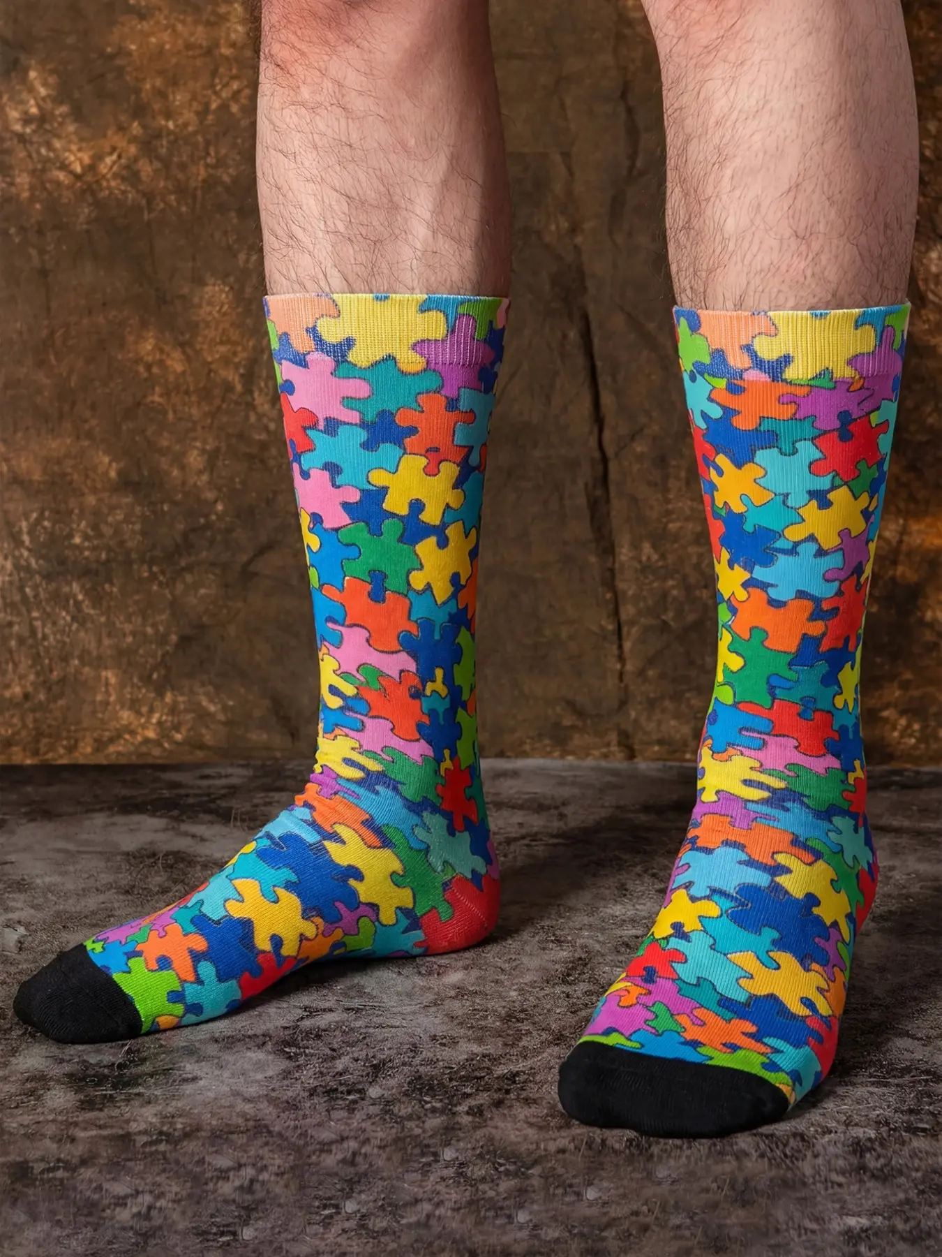 3 Pairs Unisex Rainbow Puzzle Crew Socks, Autism Awareness Multicolor Print, Comfortable Casual Fashion, All-Season Daily Wear