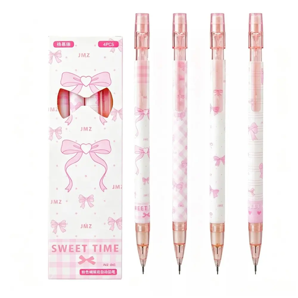 4-Pack Bow Automatic Pencils 0.5mm, Kawaii Mechanical Pencils, Cute School Supplies, Student Learning Stationery, Girl Back-To-School Gift
