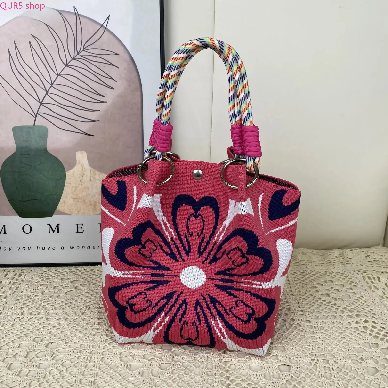 2026 Bohemian Floral Knit Mini Bucket Bag, Colorful Woven Tote Purse with Roomy Interior, Lightweight Vibrant Floral Print Handbag, Trendy Daily Shoulder Bag Ideal for Daily Errands, Travel and Brightening Up Your Outfits
