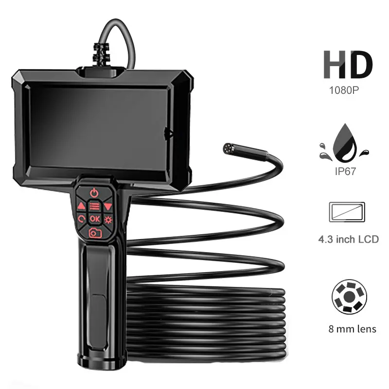 Industrial Endoscope Inspection Camera with Light, 4.3 Inch Screen, 8mm Ip67 Waterproof, Handheld Diagnostic Tool, for Car, Plumbing, Hvac, Electrical Industry
