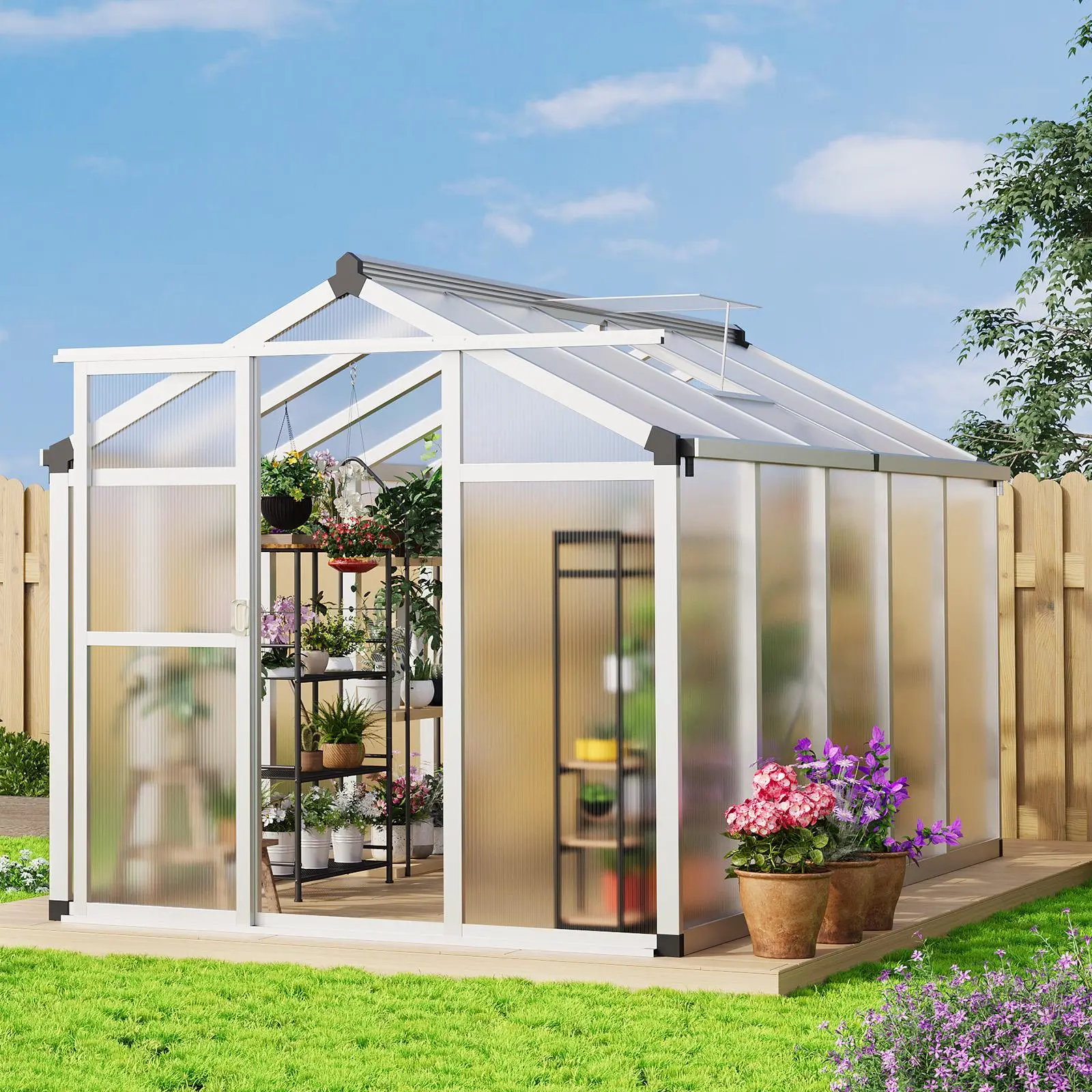 6×6/8/10FT Outdoor Greenhouse, Polycarbonate Greenhouse With Sliding Door and Ajustable Roof Vent, Aluminum Large Walk-In Greenhouse for  Garden, Backyard