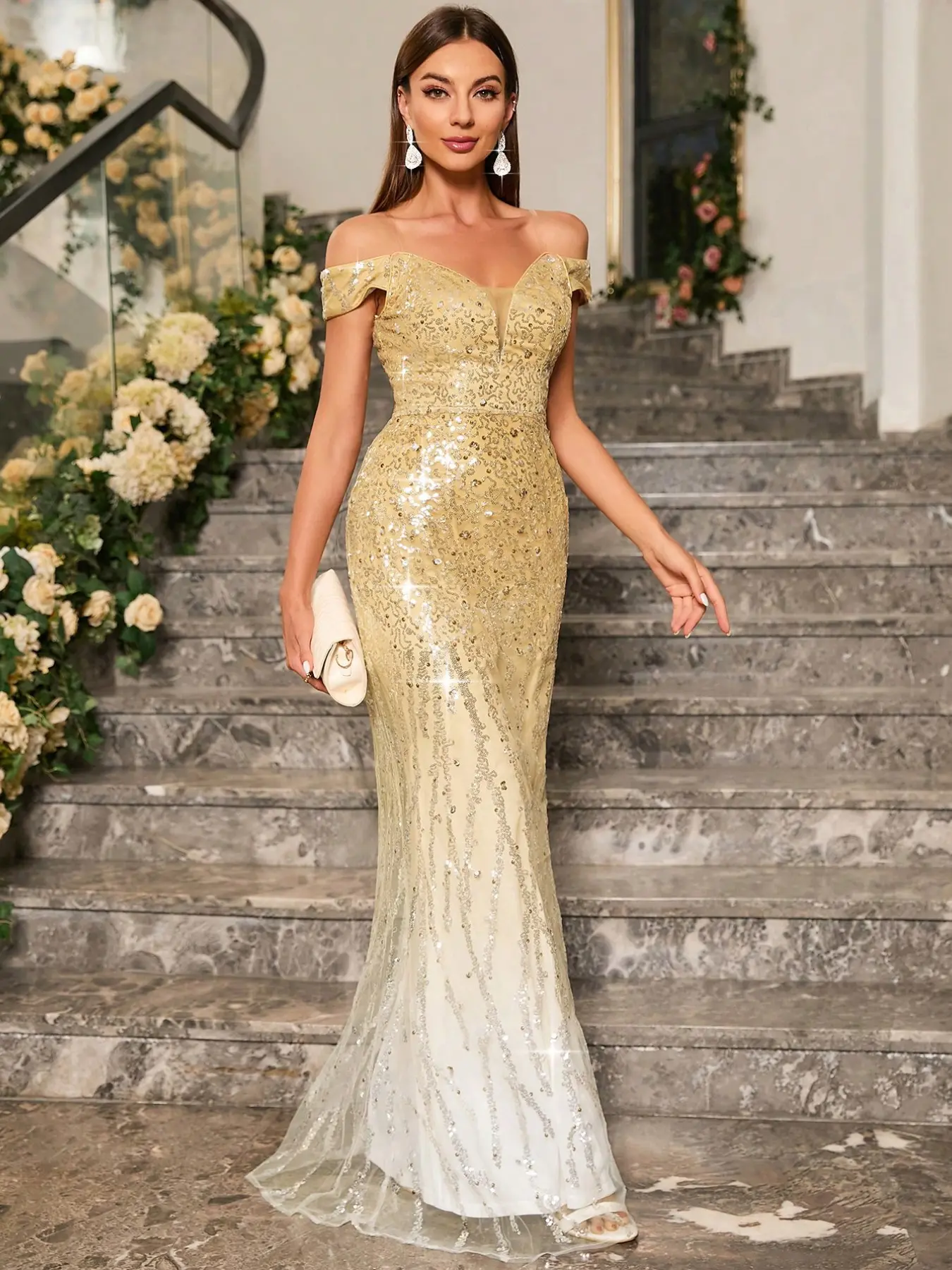 Women's Elegant Backless Sequin Dress, Gradual Color Change Embroidery, Waist Cinch Party Gown, Evening Event Formal Wear