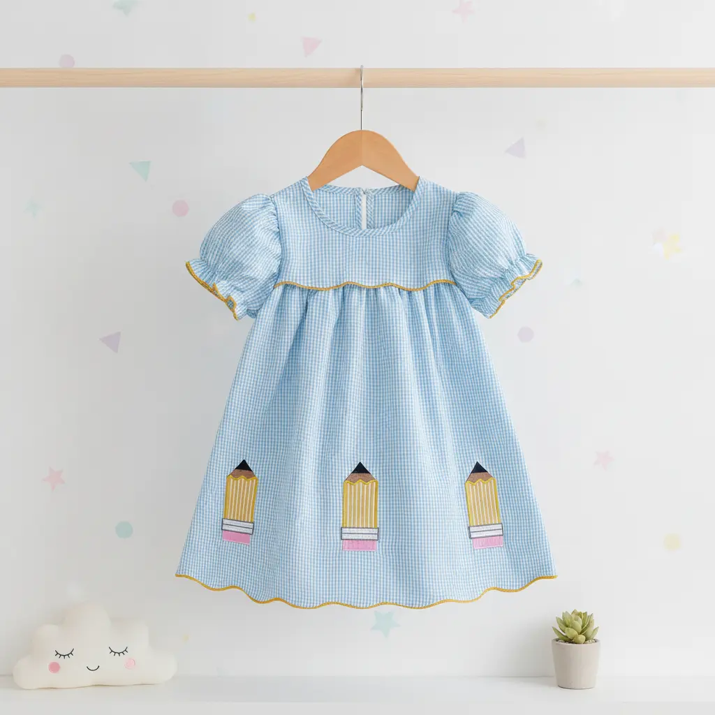 Kid Girls' Short Sleeve Crew Neck Plaid Embroidery A-Line Cut Dress, School & Parties Back to School Baby Clothing