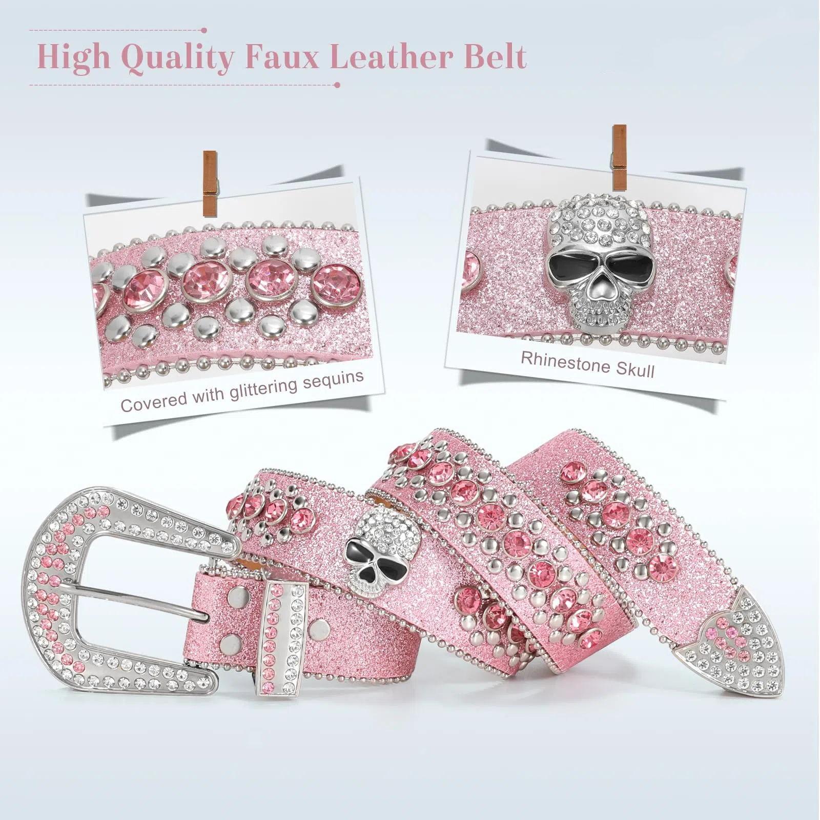 XZQTIVE Rhinestone Skull Sequins Belt for Men and Women - Sparkly Bling Diamond Studded Belt, Western Cowgirl Cowboy Style, Glamorous Accessory for Parties, Events, and Daily Wear
