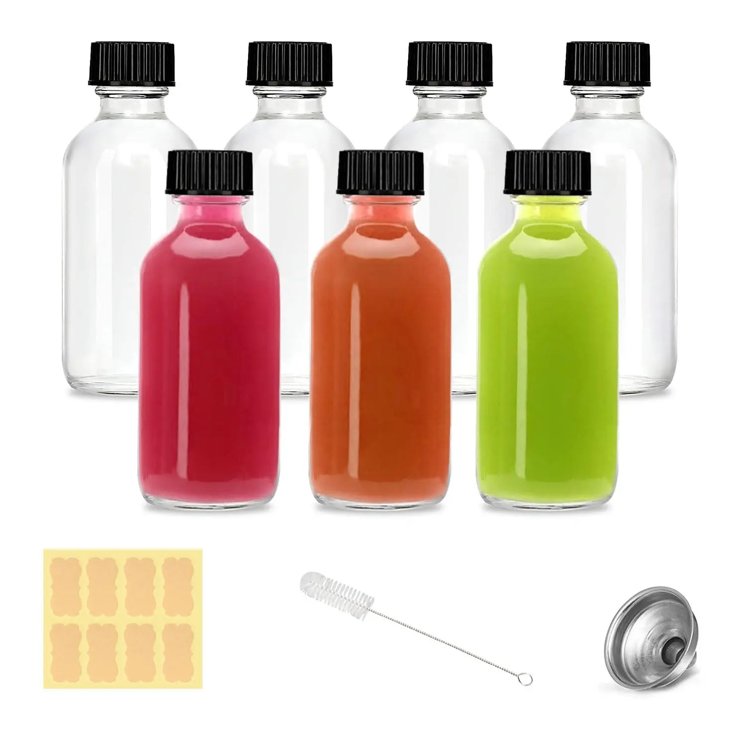 2oz Clear Glass Shot Bottles with Lids and Caps, 7 Pack Mini Travel Bottles for Ginger Shots, Juice, Potion, Liquids, Whiskey, includes Funnels, Stickers and Brush (Clear)Gift