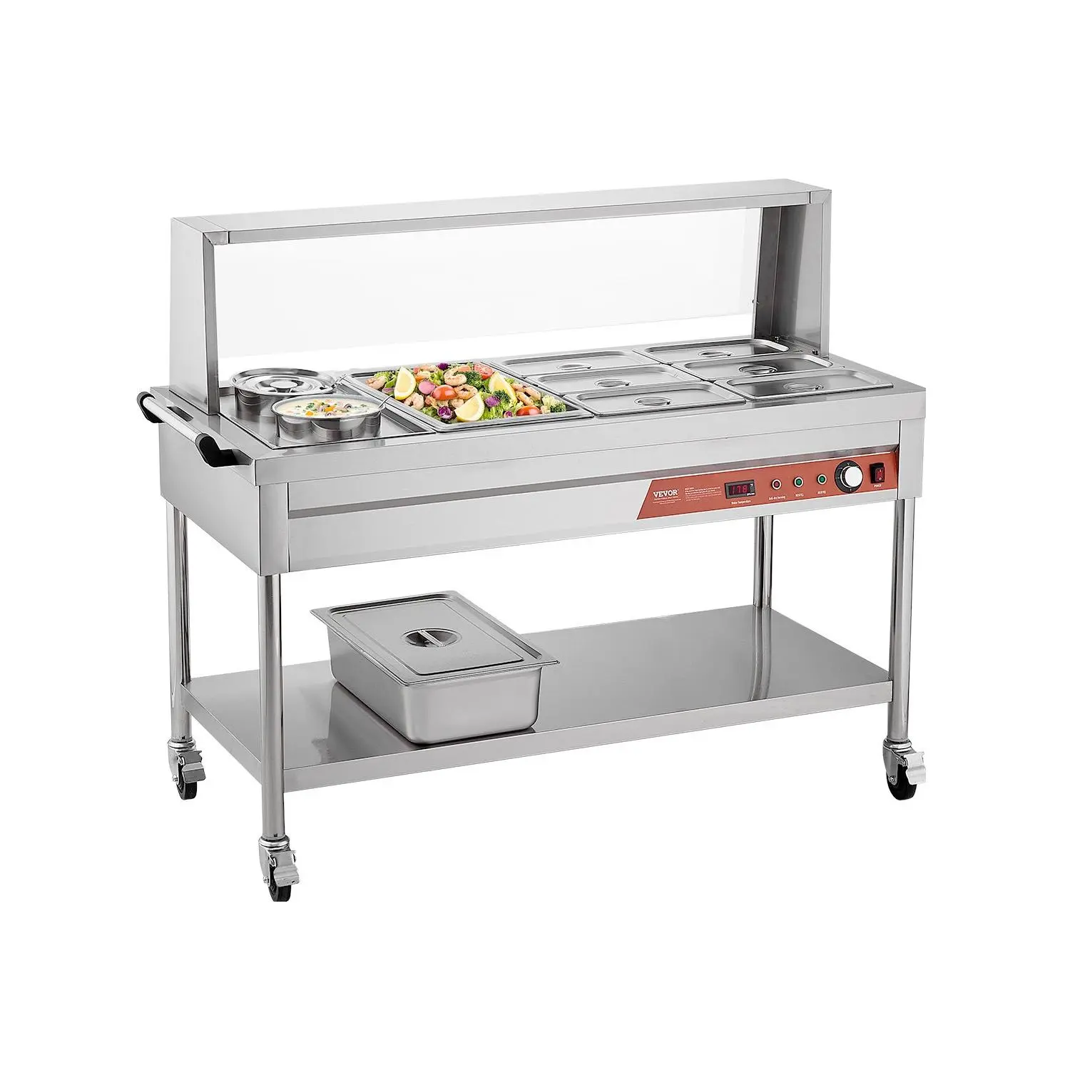 VEVOR Commercial Food Warmer - 1800W Power Electric Steam Table with 7 Pans, 2 Pots, Shield, Undershelf, Wheels, Stainless Steel Server for Party, Restaurant, Stainless Steel Pans