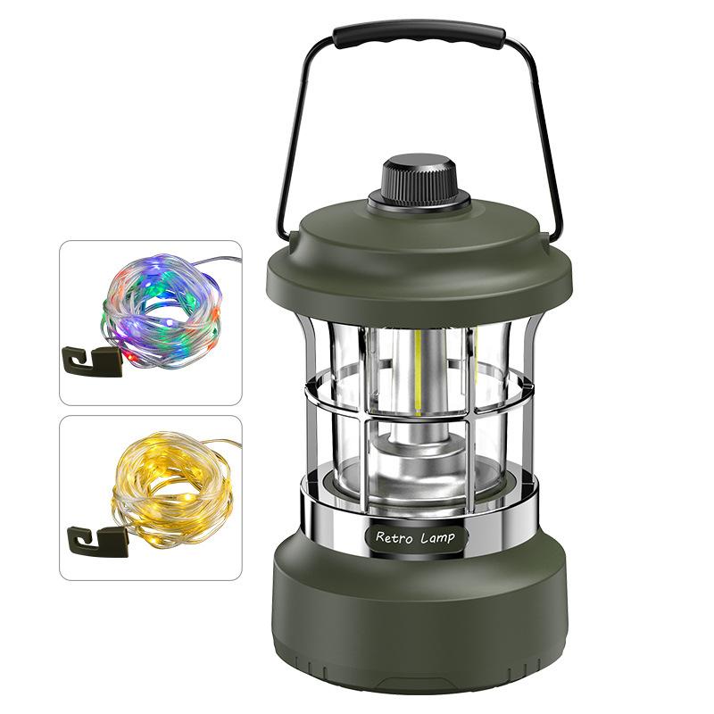Multi-Functional Camping Lamp with Flashlight and String Light Features, Waterproof Retro Outdoor Lantern for Emergency Use, Portable Rechargeable Hanging Light