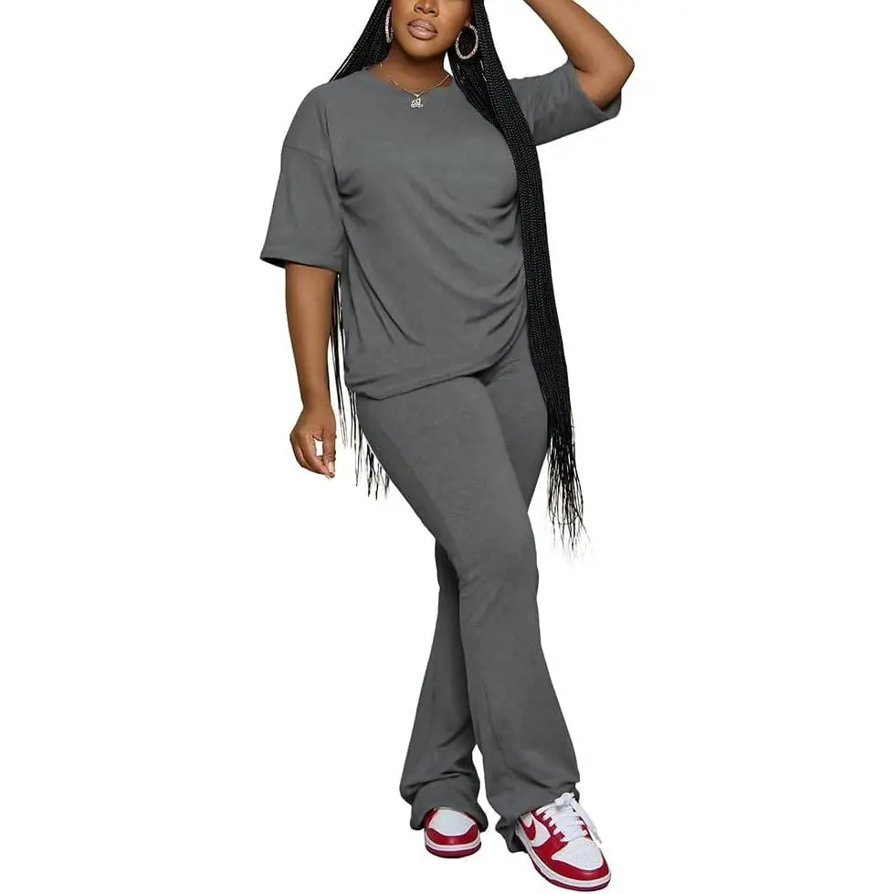 Women 2 Piece Outfits Short Sleeve Top and Flare Pants Lounge Sets TracksuitGift.