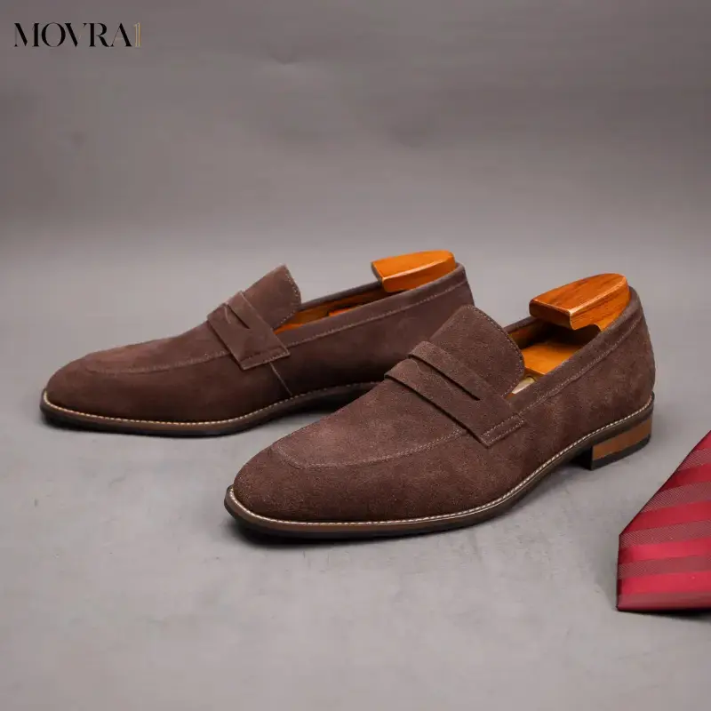 MOVRA1 Men's Penny Loafers - Solid Color Top Layer Cowhide & Cow Suede Upper, Round Toe Cap, Non-Rubber Sole, Elegant Durable Casual Outdoor Male Slip-On Flat Footwear