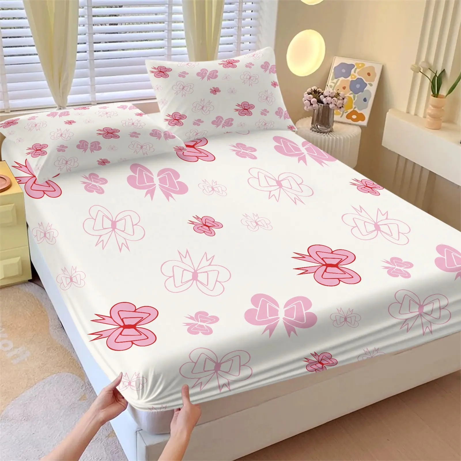 3PCS Pink Bow Print Fitted Sheet Set, 1 Fitted Sheet + 2 Pillowcases, Soft Breathable Microfiber Bed Linen,Anti-Slip Anti-Wrinkle, Deep Pocket, Sweet Cozy Bedroom Decor, Machine Washable, All Season, Gift for Girls, Printed Bedding Set