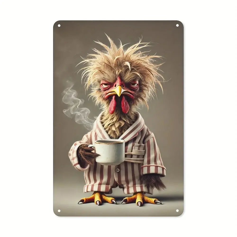 Vintage Aluminium Rooster Drinking Coffee Waterproof Metal Wall Decor, Rustic Farmhouse Plaque for Kitchen Cafe, Unique Barnyard Animal Gift for Home Decoration, Water Proof