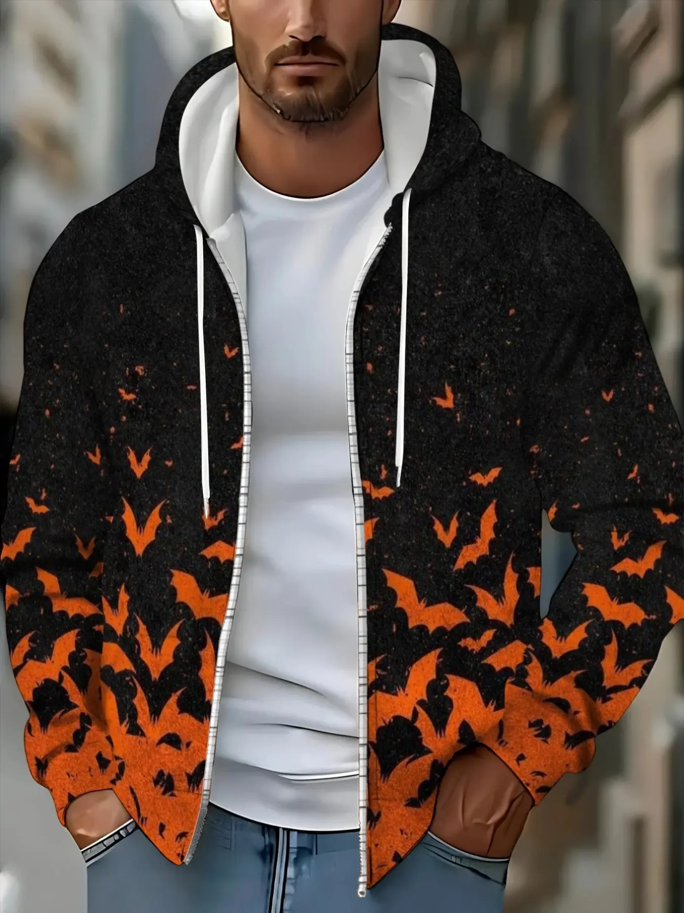 Men's Gradient Bat Print Sweatshirt, Halloween Dark Style Hooded Jacket, Casual Long Sleeve Fitted Top for All Seasons