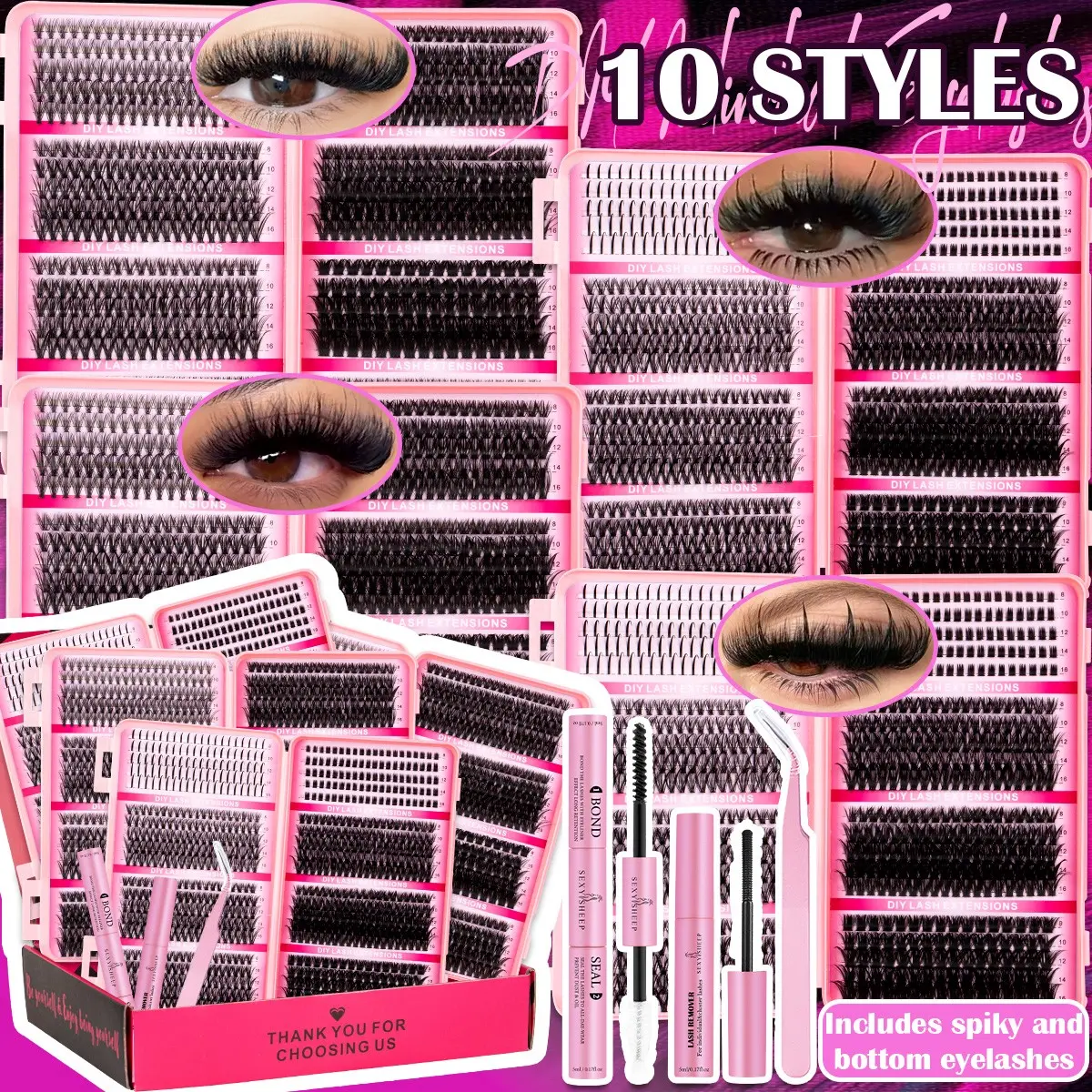 10 Styles Lash Clusters Kit,1 Set Mixed Length Individval Eyelash Extensions Kit,Self Grafting False Eyelashes with Tweezers&Bond&Seal &Remover,Prefessional Eye Makeup Accessories for Women