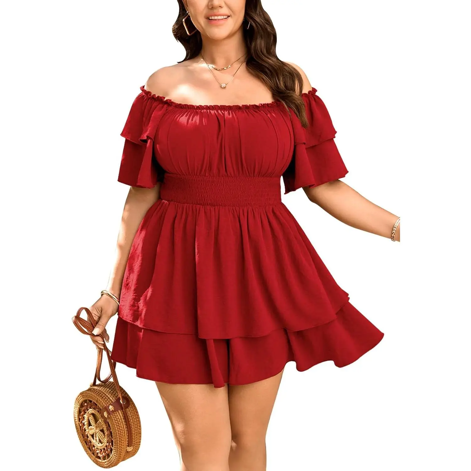 SCOMCHIC Women Plus Size Romper Dress Off Shoulder Summer Short Jumpsuit| Short Sleeve Boho Western Rompers Curvy, Ruffle Square Neck High Waist, Casual Vacation Dating Shopping Brunch Jumpsuits