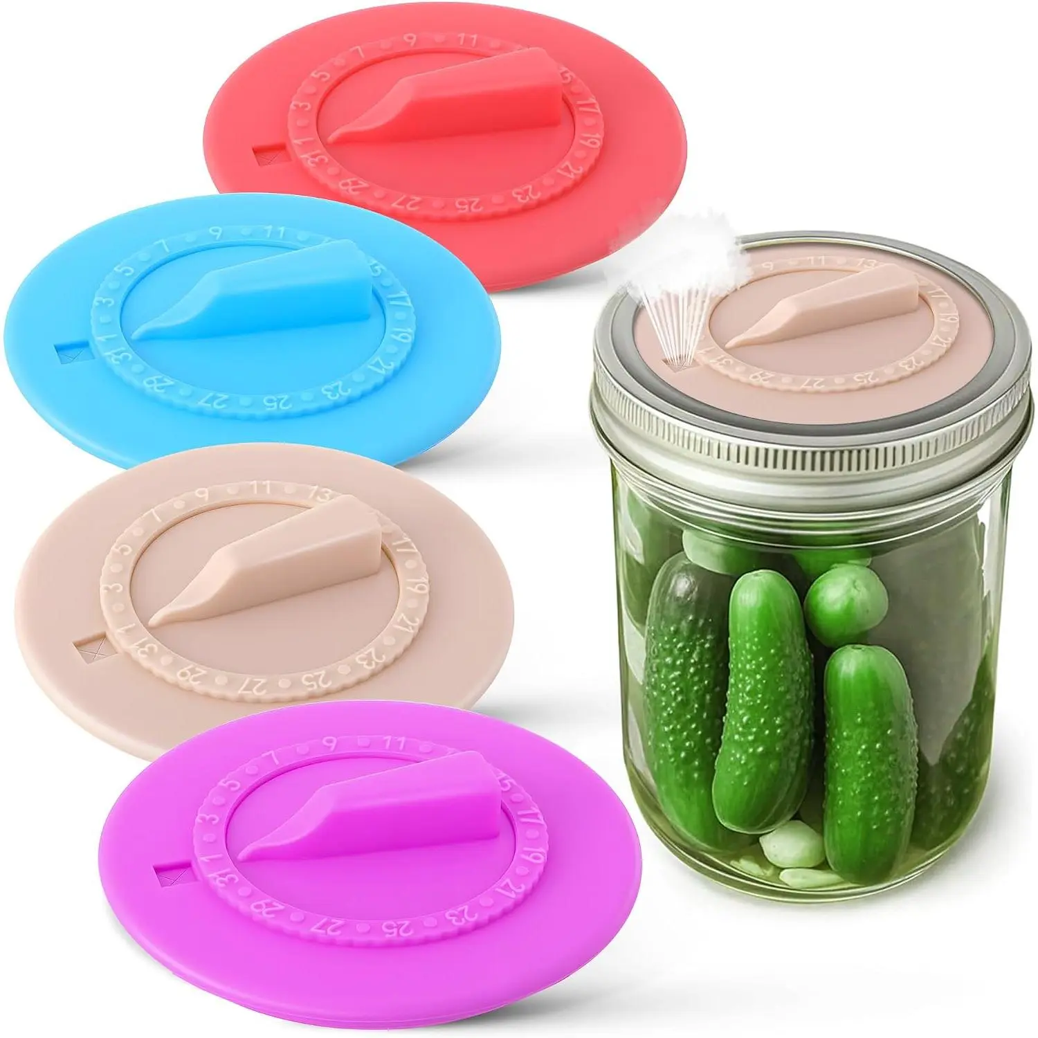 4 Pack  Fermentation  for Wide Mouth Mason Jars | Self-burping airlock valve releases CO2 automatically. Date ring tracks start day. Dishwasher safe. 4 colors.