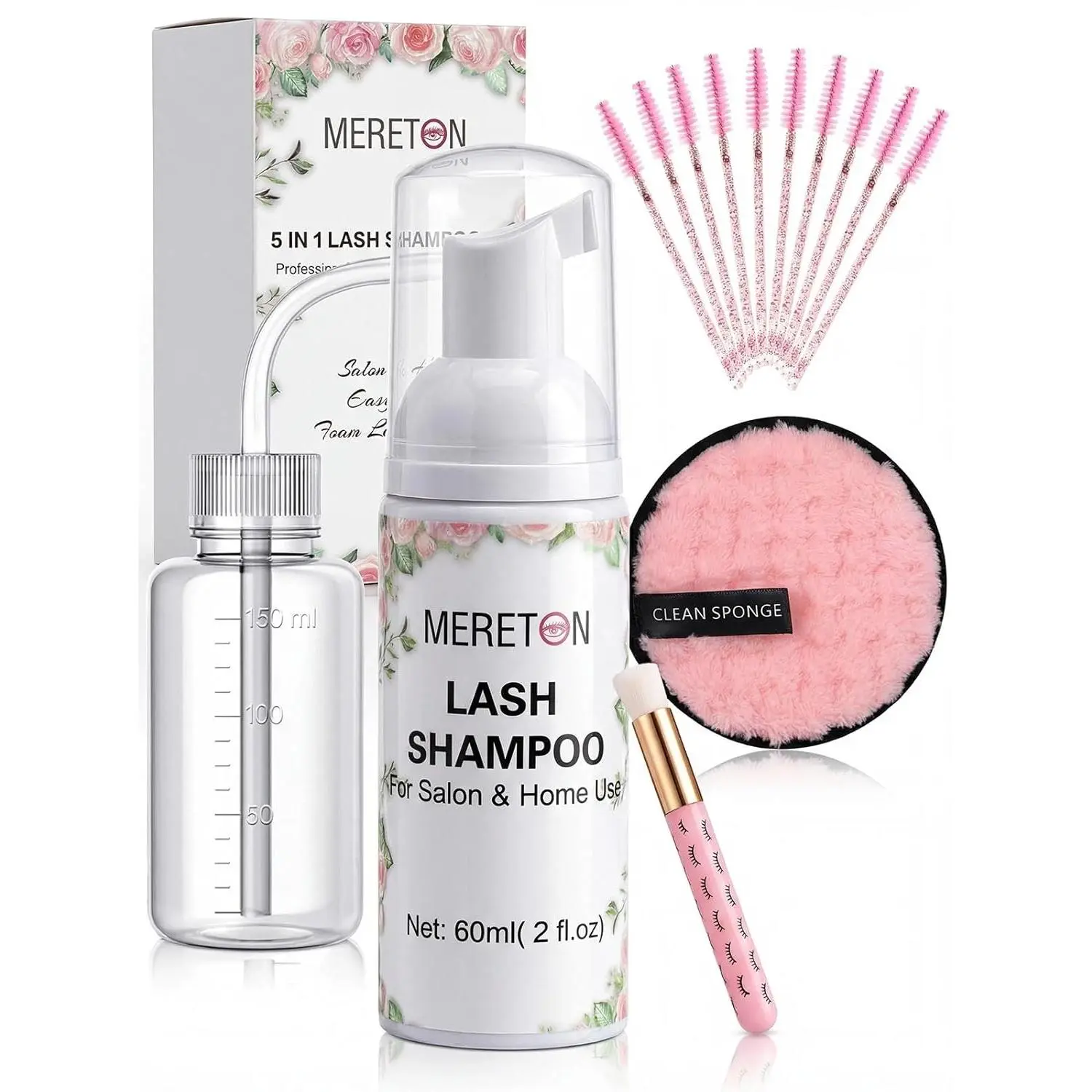 Lash Shampoo Kit for Lash Extensions, Eyelash Extension Cleanser Lash Cleaning Kit for Cluster Lashes Lash Bath with Makeup Pad, Brush and Rinse Bottle, Oil Free Foam