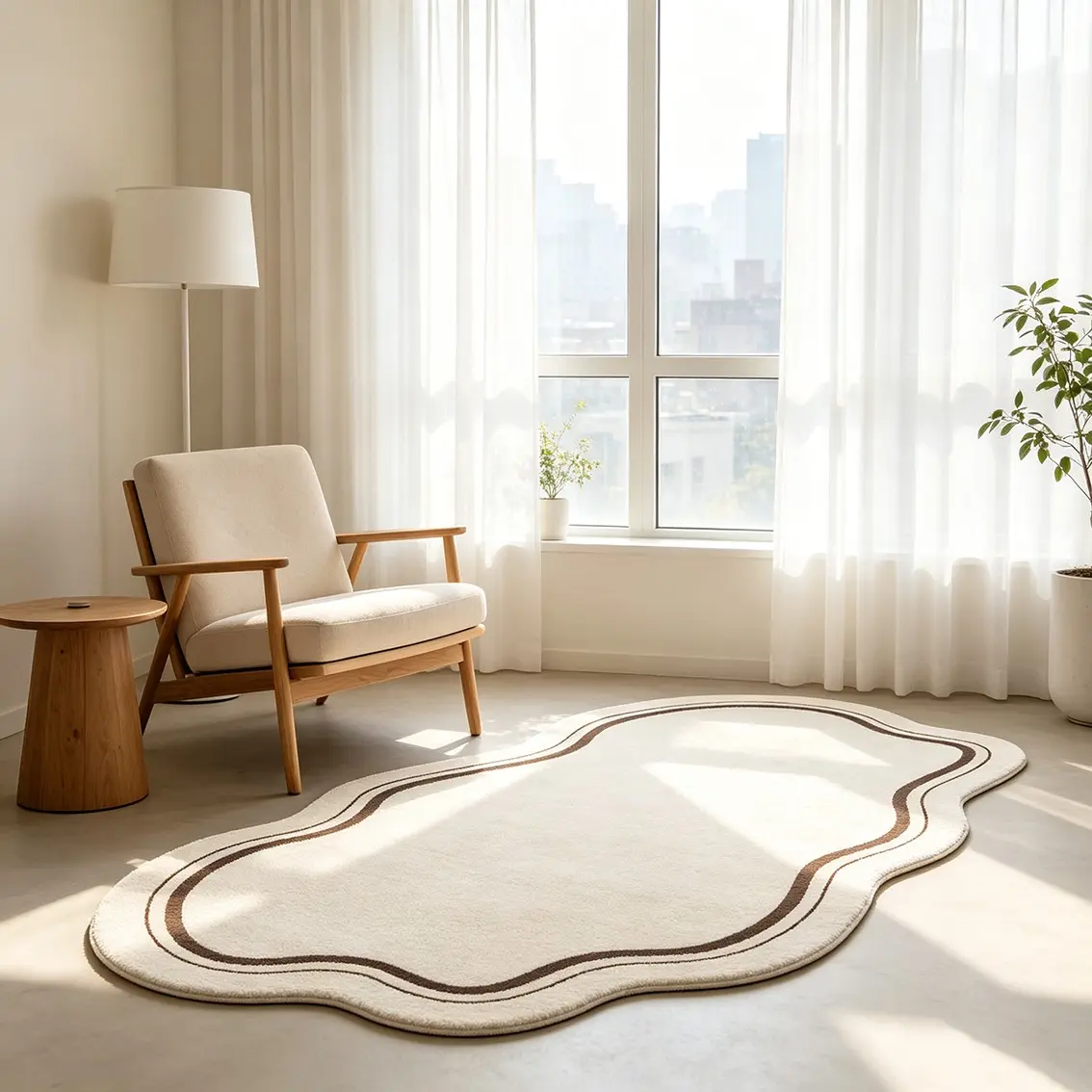 Cream white double layer brown line cloud shaped long carpet soft waxy high density plush material french window window side leisure area decorative mat log minimalist gentle niche atmosphere soft outfit Cozy Area Rug Home Decorative Rug