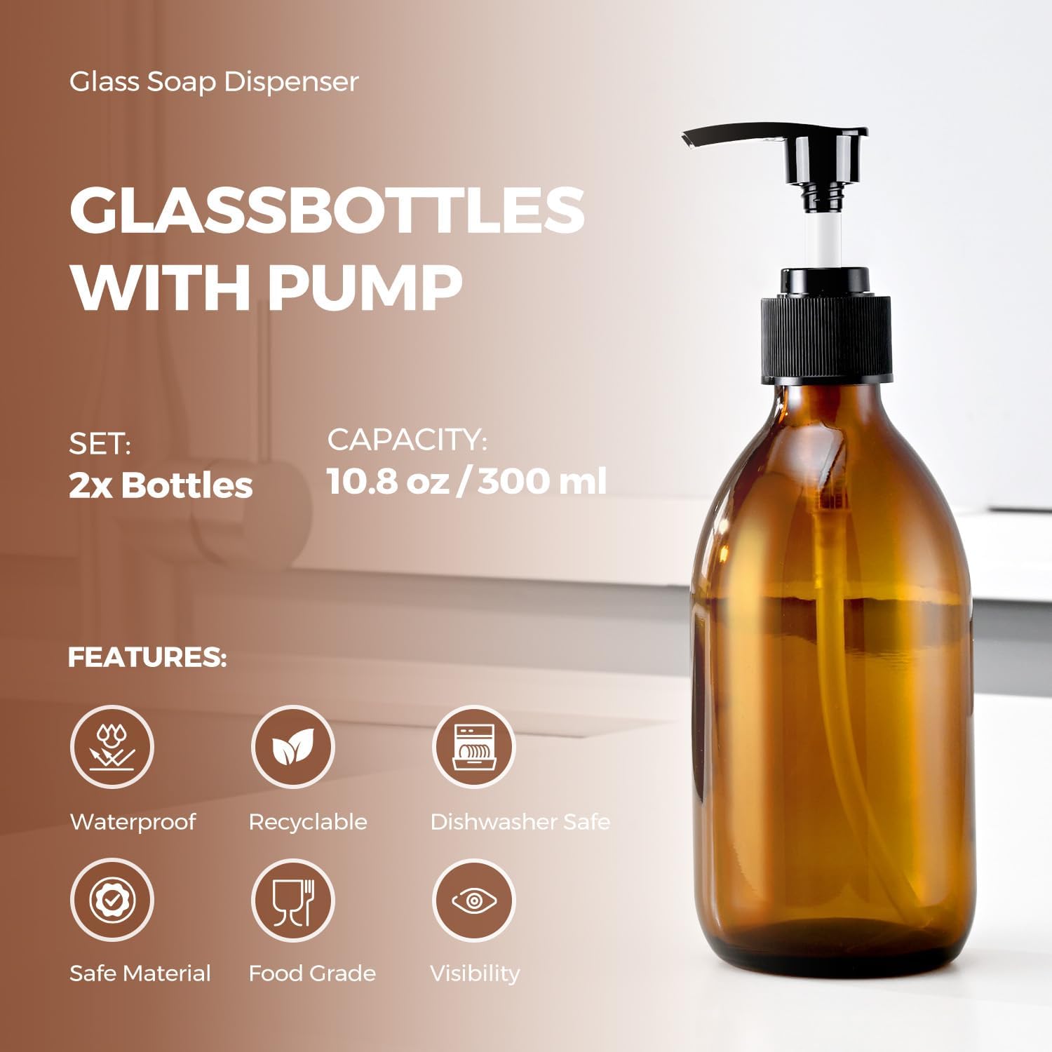 Glass Pump Bottle Dispenser 10.8 oz Lotion Bottle with Pump for  Oil300ml  Glass Bottles with 1 Extra Pump Tops, Black Caps, Labels (2 Pack)