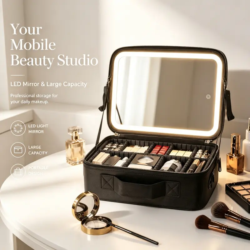 large capacity portable makeup bag with led illuminated mirror adjustable inner dividers travel cosmetic storage case household beauty supply Cosmetics Organizer