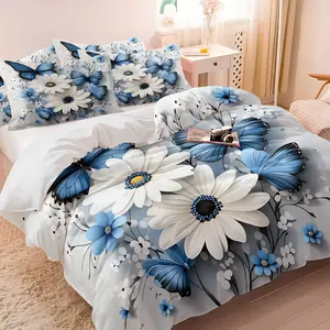 Blue Butterfly & White Daisy Print Duvet Cover Set, 1 Duvet Cover + 1/2 Pillowcases, No Core, Fresh Floral Butterfly Bedding, Soft, Comfortable & Breathable, All Seasons Available, Cozy Girly Bedroom Decor
