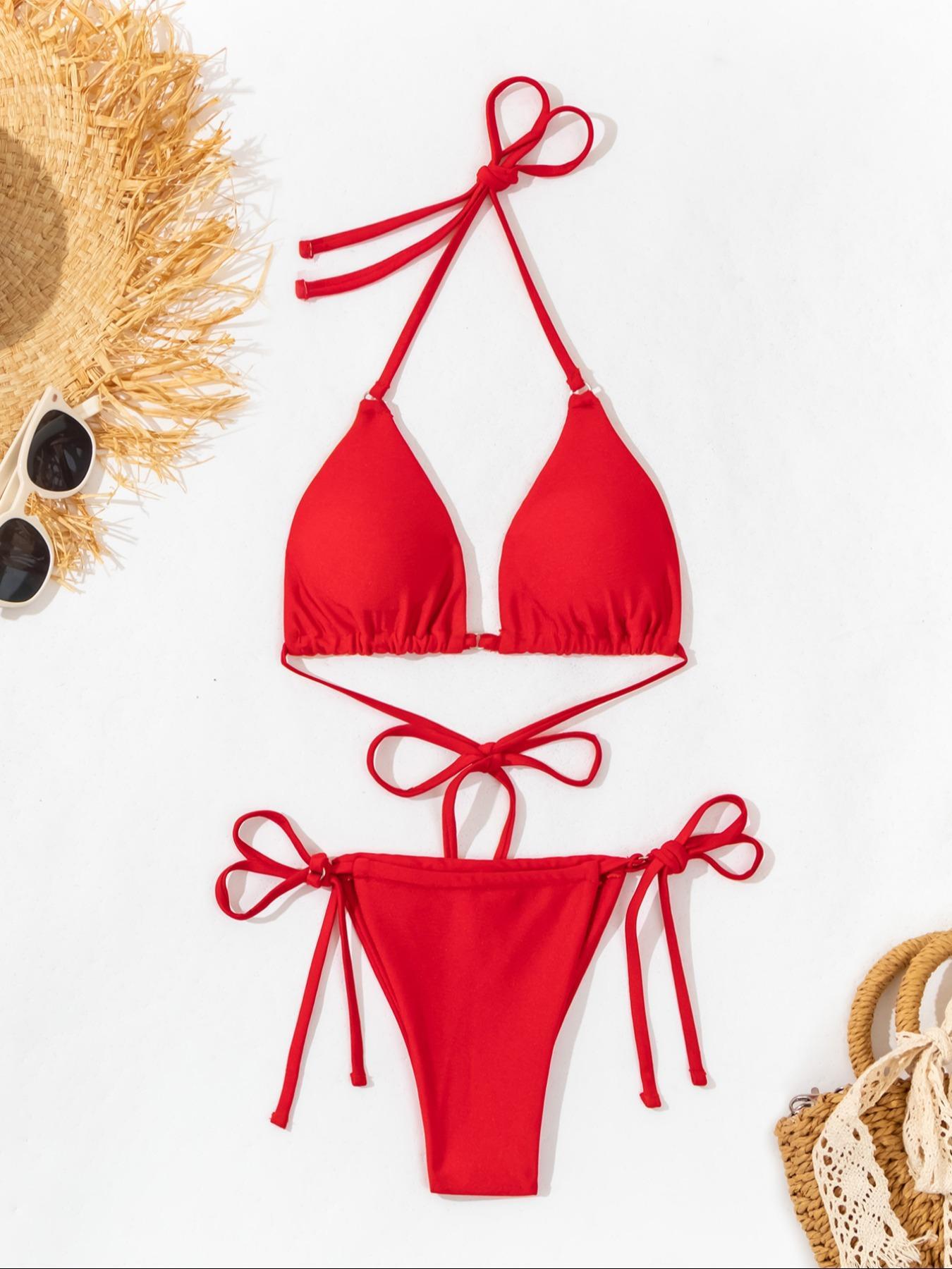 Mix & Match Sizing Solid Bikini Top/bottoms Bikini Set, Casual Halter Neck Backless Triangle Swim Top, Tie Side Swim Thong, Women's Summer Swimwear, Bikinis Sets, Bikini Outfits