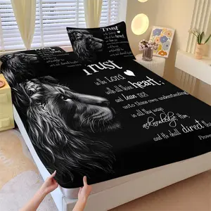 3Pcs Black & White Lion with "Trust in the Lord" Bible Verse Fitted Sheet Set, Soft Breathable Fabric with Inspirational Quote & Realistic Lion Print, All Season Use, Perfect for Bedroom & Faith Decor, Fits Most Mattresses, Multiple Sizes