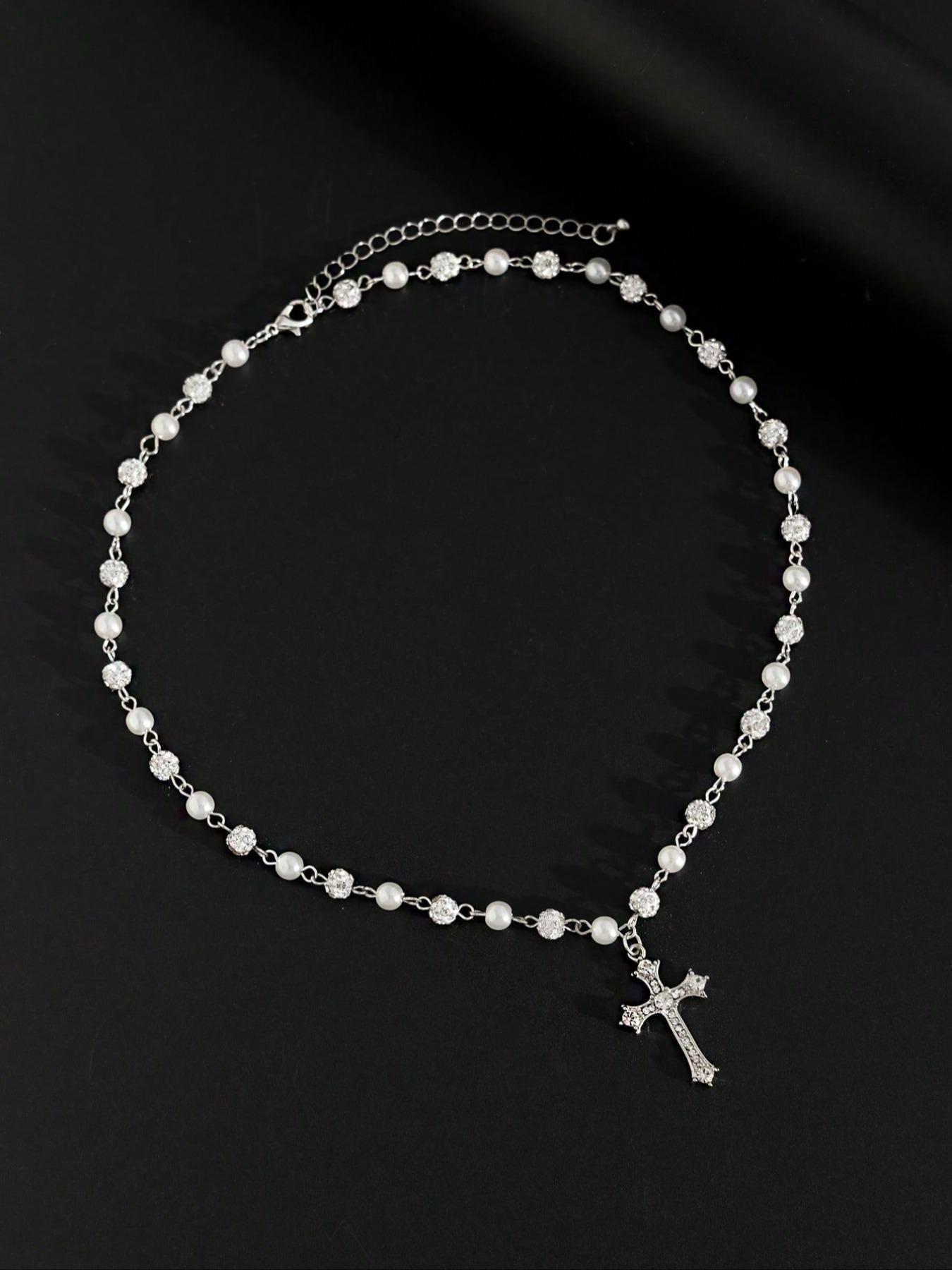 Vintage-Style Faux Pearl Necklace with Rhinestone Cross Pendant, Men's Hip Hop Punk Jewelry, Bling Faux Pearl Chain Necklace, Trendy Necklace Vintage-Style Faux Pearl Necklace with Rhinestone Cross Pendant, Men's Hip Hop Punk Jewelry, Bling Faux Pearl Chain Necklace, Trendy Necklace