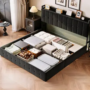 LED Storage Bed with Lights - Lift Up Bed Frame with GRB RGB Light Strip USB Plug Outlets - Upholstered Velvet Platform Bed with Hydraulic Lift Wood Slats No Box Spring Needed diamond furniture