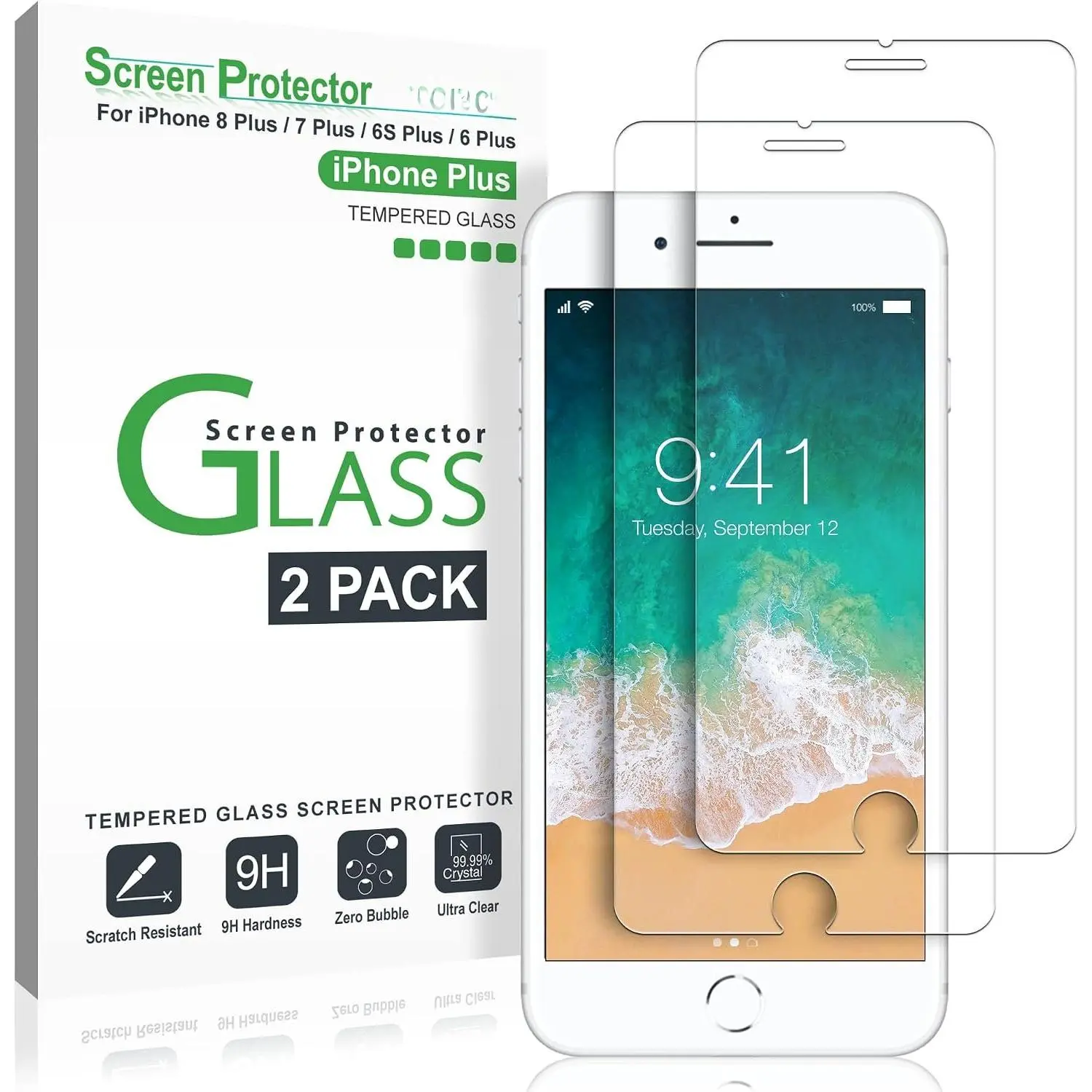 Glass Screen Protector for  8 Plus, 7 Plus, 6S Plus, 6 Plus (5.5") (2 Pack) Tempered Glass Screen Protector | 2 Pack 9H+ Tempered Glass, Easy to Install, Bubble Free, Scratch & Drop Protection,  Clear
