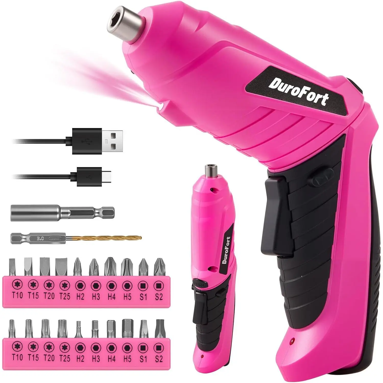 Pink Electric Screwdriver Set for DIY Users, 3.7V Power 3Nm Screw Gun with 25 Pieces Steel Driver Bits, 2-Position Handle, Shaft LED Lighting, Dual Grips