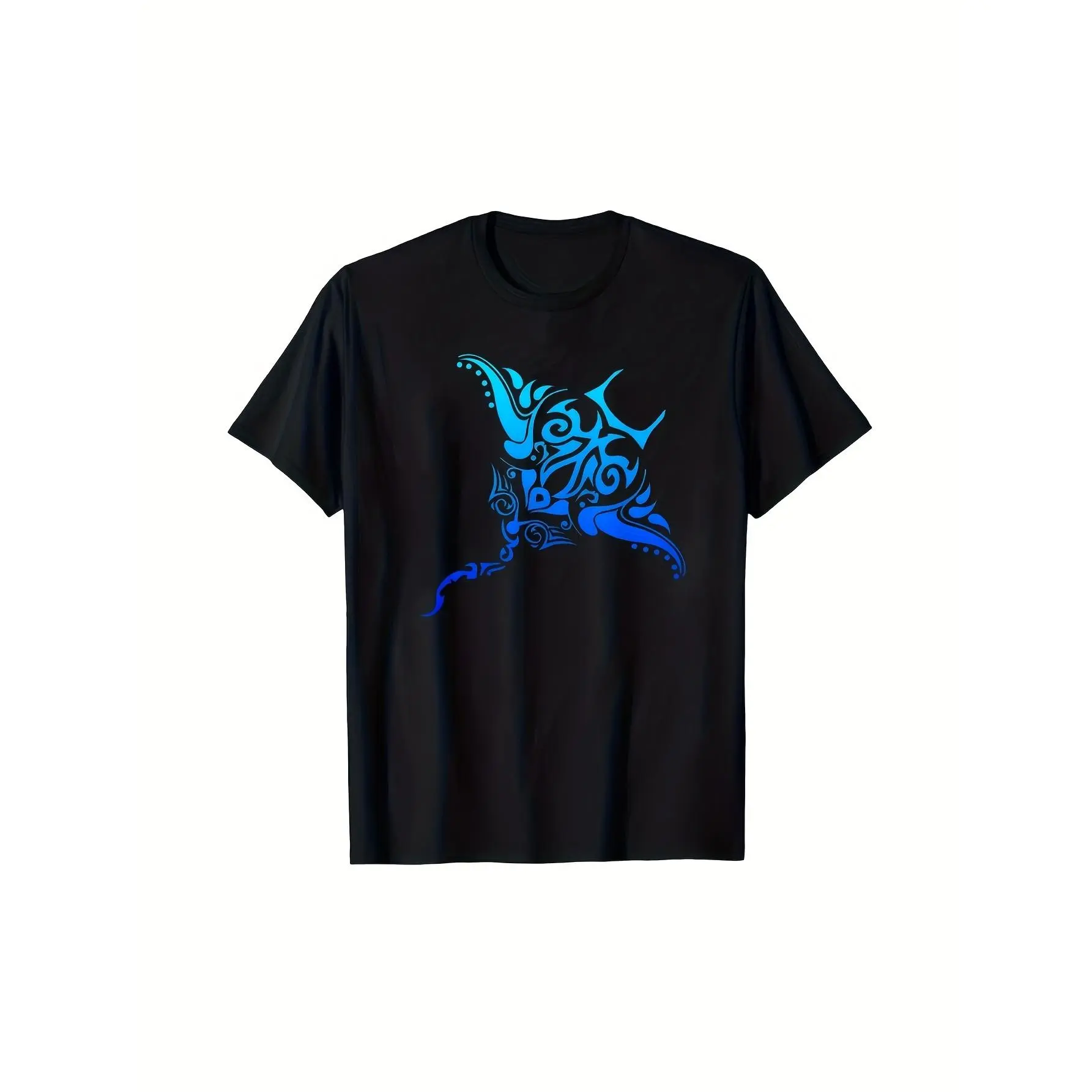Men's Tribal Stingray Polynesian Geometric Pattern Knitted Round Neck Short-Sleeve T-Shirt, Casual Regular Fit Stretch Polyester Menswear Top, Machine Washable