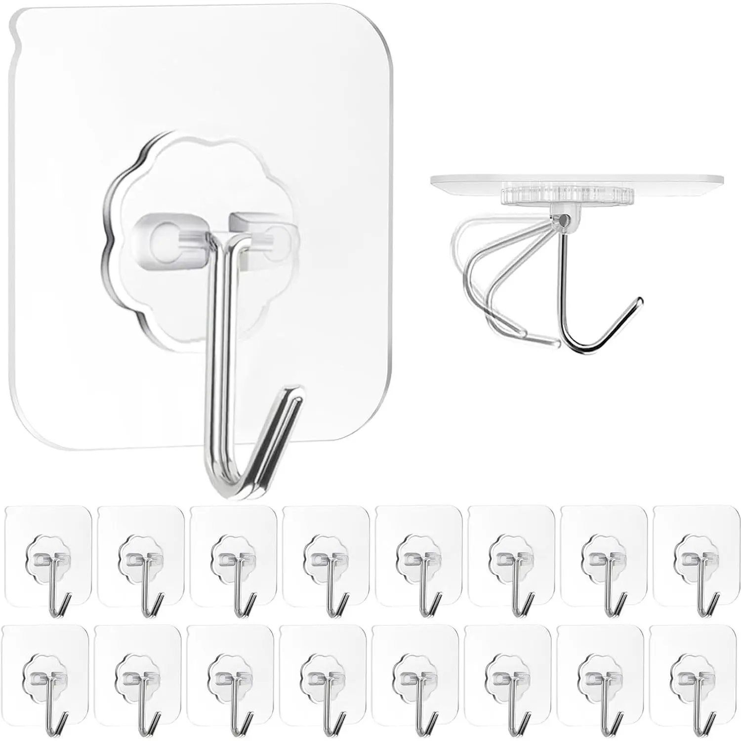 ZESLMG 16 Pack Clear Heavy Duty Adhesive Wall Hooks, 22lb Max Load Self Sticky Removable No Damage Waterproof Hooks for Hanging Towel Key Coat Wreath Picture, Suitable for Bathroom Kitchen Shower Outdoor Ceiling