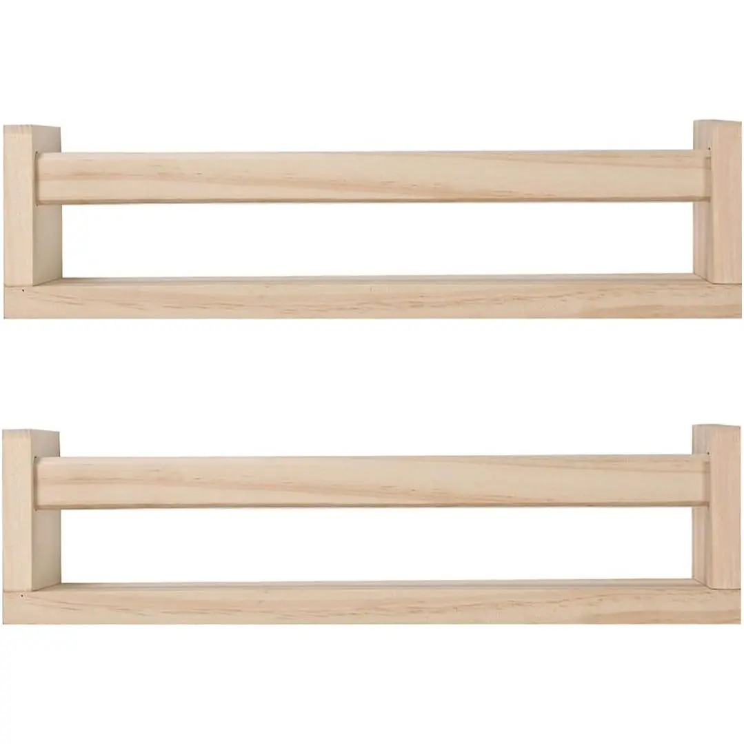Nursery Book Shelves, Set of 2 Wood Floating Book Shelves for Kids Room, Kitchen Spice Rack, or Rustic Wall Mounted Shelves for Farmhouse Bathroom Décor (Natural Wood)