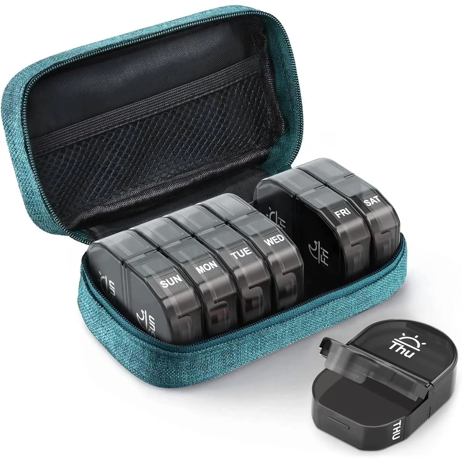 Canvas Bag Travel Pill Organizer 2 Times Day, Large AM/PM Weekly Pill Box 7 Day Pill Case with Portable Cyan Zipper Cloth Bag for Holding Supplements, Vitamins and Fish Oils | Large Pill Organizer 2 Times Day, Weekly Pill Box 7 Day for Supplemen