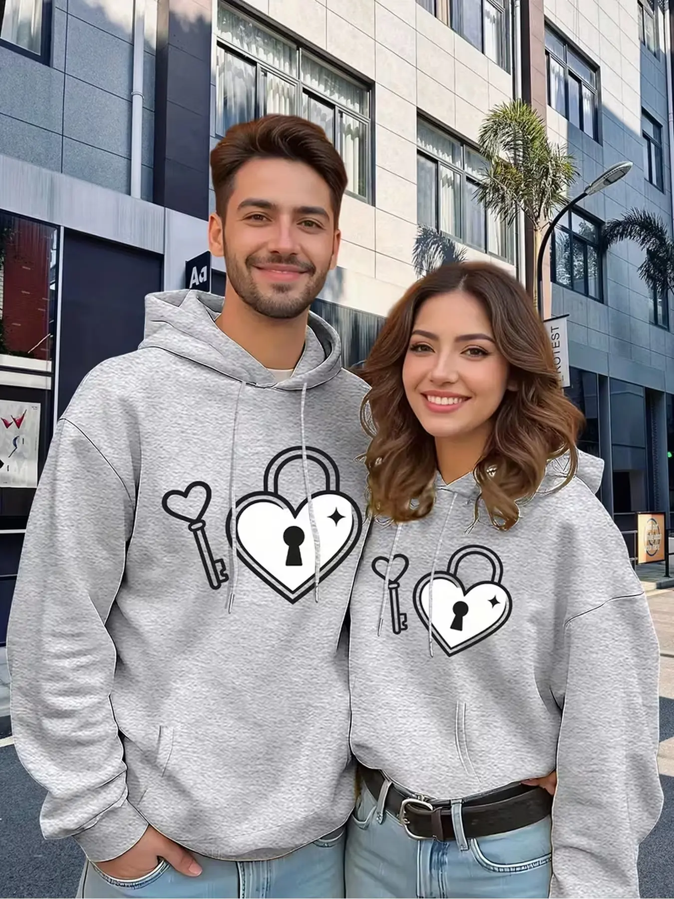 2Pcs Streetwear style couple hoodies with loose relaxed fit, draping polyester fabric, fit for dating and outdoor walks, nice holiday gift for boyfriend and girlfriend.