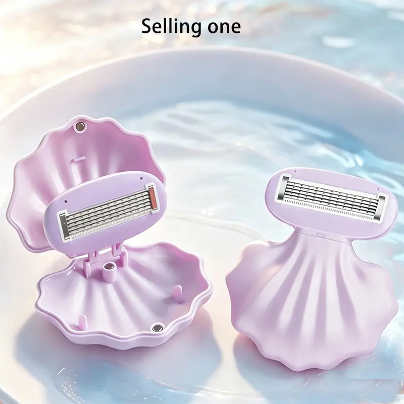Cute Shell Shape Mini Women Manual Razor Hair Removal with Storage Case, Portable Travel Bikini Shaver Multi-Layer Stainless Steel Blades, Compact Safety Hair Remover for Legs Underarms Bikini Sensitive Skin, Pastel Purple Girly Design