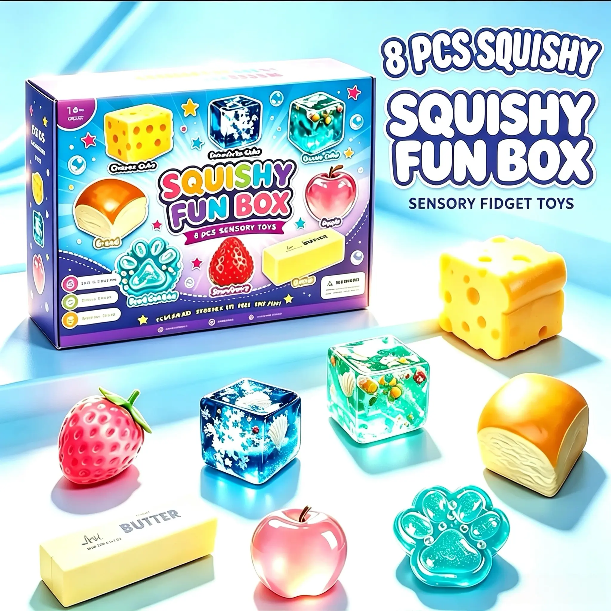 8 Pack Malt Sugar Squishy Toys, Slow Rising Fidget Stress Relief Toys, 8 Styles Sensory Bundle, Party Gift Favors