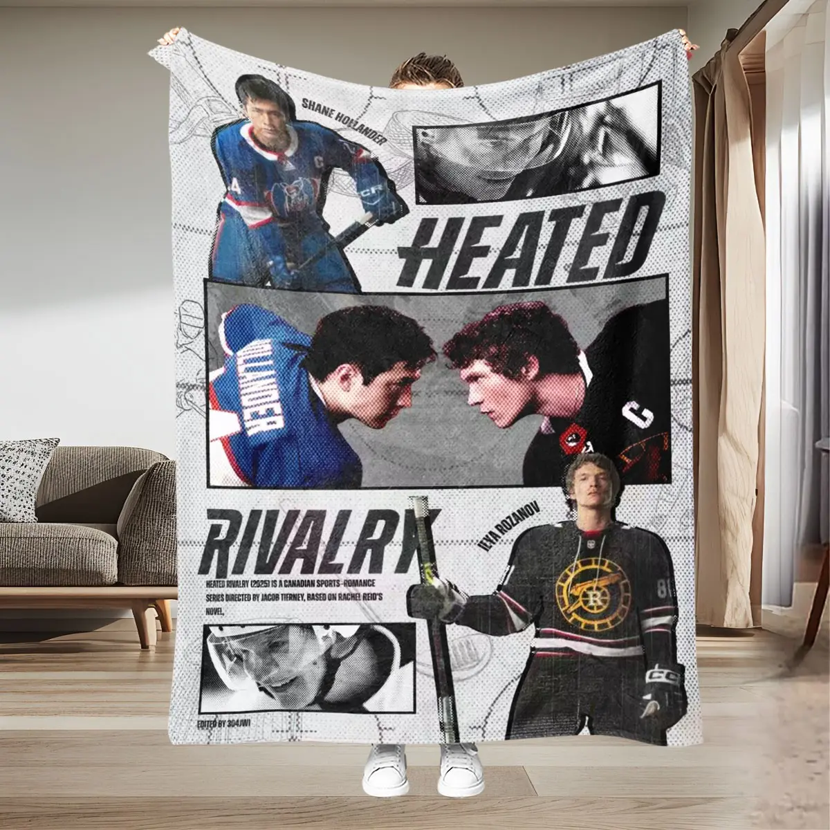 Ultra-Soft Flannel Blanket, Sports Style Throw, Vintage Magazine Collage Design, Ice Hockey Players, Heated Rivalry Text, Street Sport Vibes, Graphic Throw Blanket