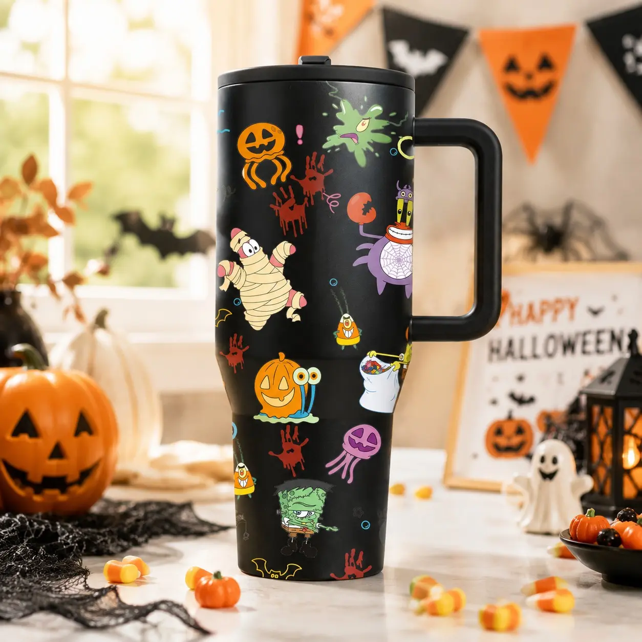 1PC 40oz Halloween Tumbler with Handle, Cute Spooky Cartoon Pumpkin Printed Insulated Coffee Cup, Stainless Steel Travel Mug with Lid, Double Wall Vacuum Water Bottle, Leakproof Reusable Cup for Fall Party, Halloween Gift for Friends Family