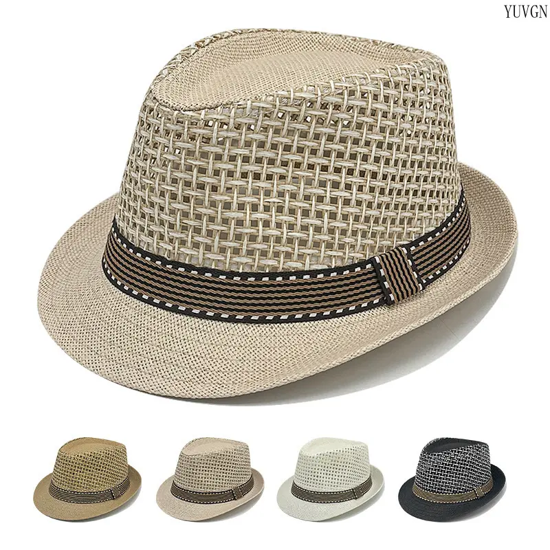 Striped Band Hollow Woven Straw Fedora Hat - Breathable Short-Brim, Adjustable Lightweight Sports & Outdoor Headwear for Beach, Wedding, Daily Use tiktokshopbacktoschool