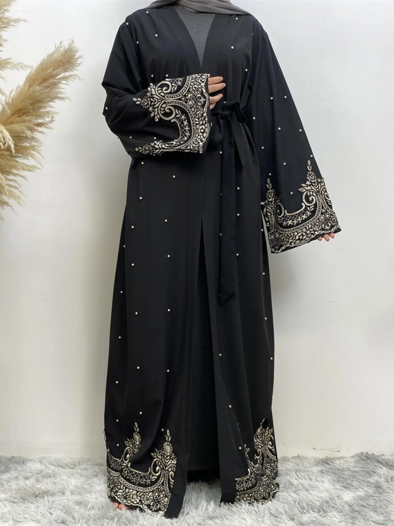 Patchwork Fashion Trim Beaded Muslim Long Cardigan, Stylish and Elegant Design, Perfect for Daily Wear, Unique and Trendy Outerwear