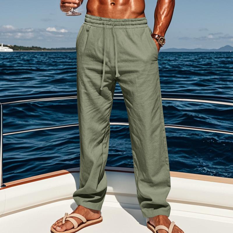 Western-Style Men's Cotton-Linen Casual Trousers - Straight-Leg, Plus-Size, Loose-Fit, Breathable Summer Linen Beach Pants