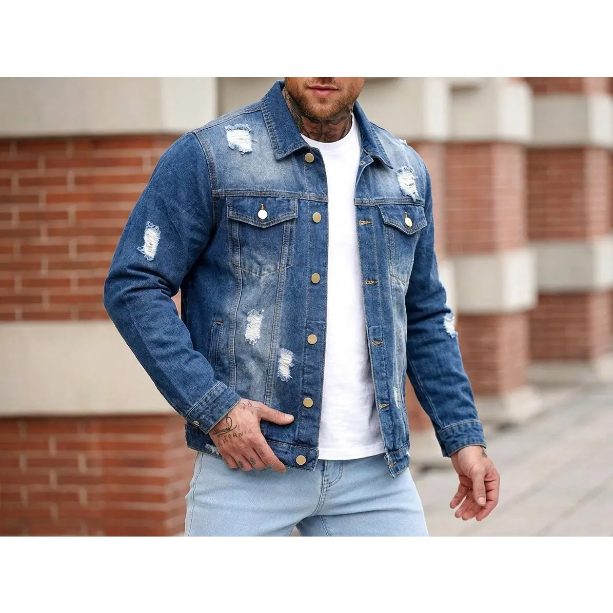 Men's Vintage Blue Denim Jacket Distressed Washed Jean Jacket with Ripped Details Classic Trucker Style Button Closure Long Sleeve Casual Streetwear Outerwear Fashion Coat for Daily Wear Hip Hop Outfit