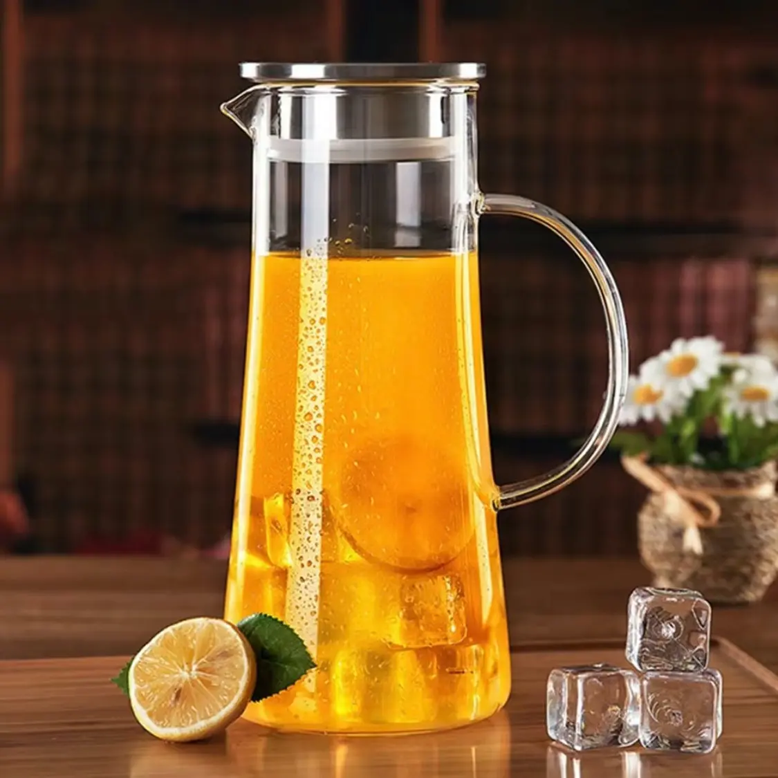 High Borosilicate Glass Water Pitcher, Ice Tea Carafe with Stainless Steel Filter Lid & Handle, Heat Resistant Leakproof Wide Mouth Cold Drink Jug for Iced Tea Fruit Infused Water, Fridge & Dishwasher Safe Drinkware for Home Kitchen Summer Use