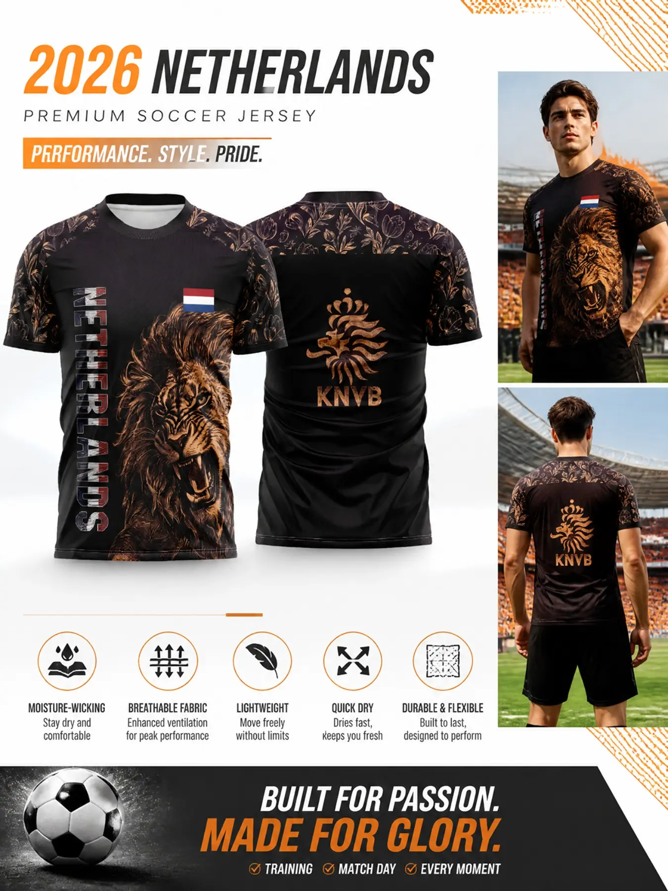 2026 Dutch Traditional Football Jersey, Quick-Dry Breathable Mesh, Slim Fit, Lion and Tulip Print, Netherlands Fan Apparel, Street Fashion